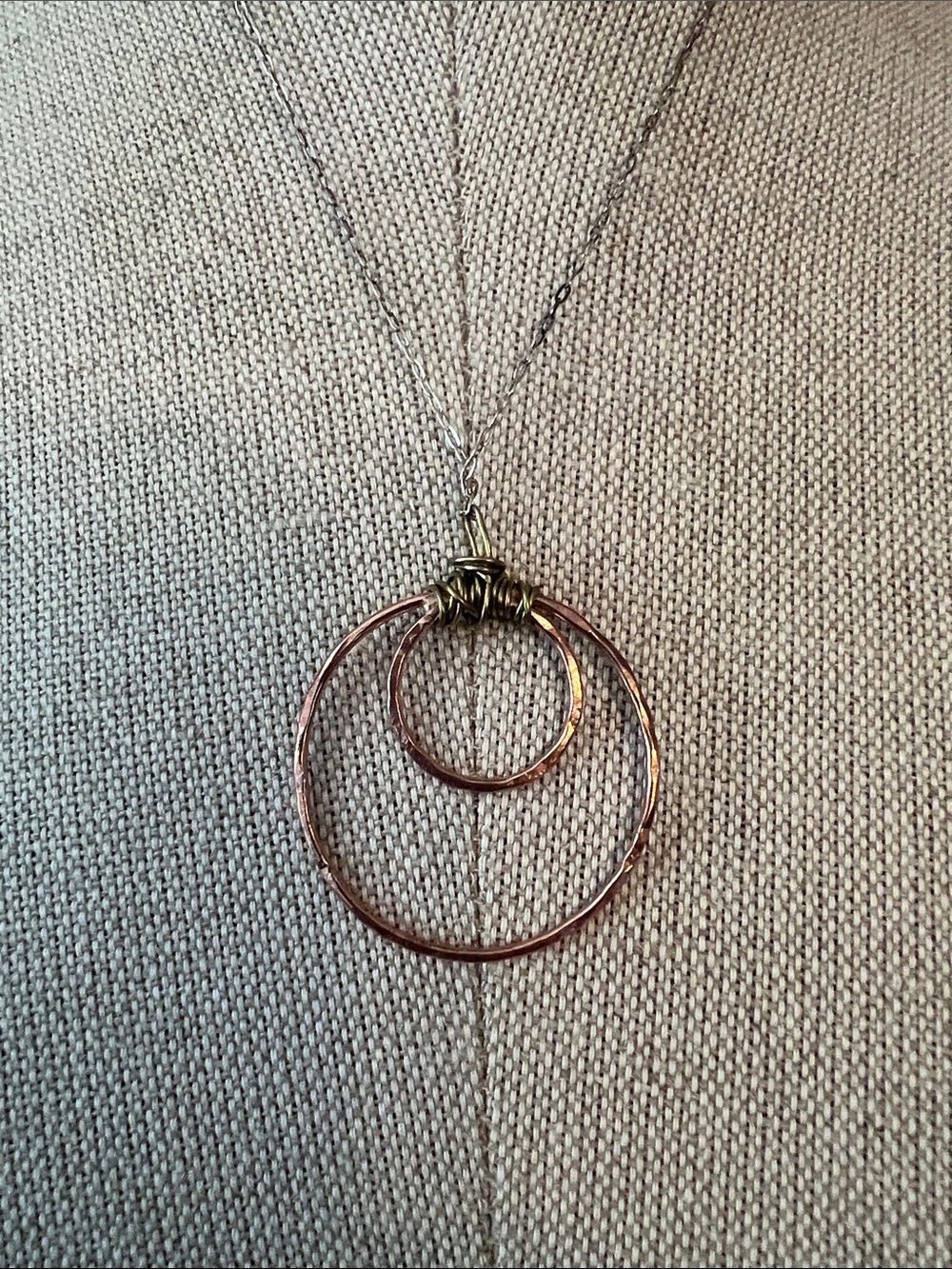 Layered Double Circle Pendant Necklace - Rose Gold and Silver